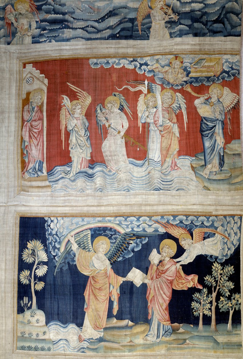 Jelenések akasztása (1373-1383), n. 25: a hatodik trombita, az Eufrátesz angyalai. Lent, n. 28-án az Angyal átadja a könyvet Szent Jánosnak, aki felfalja. Nicolas Bataille (1330-1405) kárpitja alkotó: Nicolas Bataille