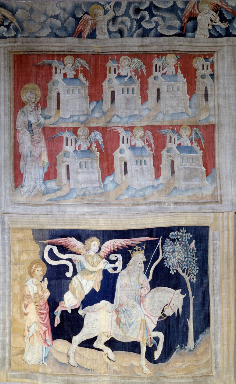 Jelenések akasztása (1373-1383), n. 28: Patmosz Szent János és Ázsia hét temploma és alatta Első pecsét: A győztes fehér lóval. Nicolas Bataille (1330-1405) kárpitja alkotó: Nicolas Bataille