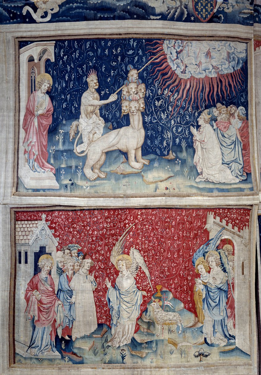 Jelenések akasztása (1373-1383), n. 44: A föld Bétája tüzet hull az égből. Lent, n. 51, a harmadik angyal és a bárány. Nicolas Bataille (1330-1405) gobelinje alkotó: Nicolas Bataille