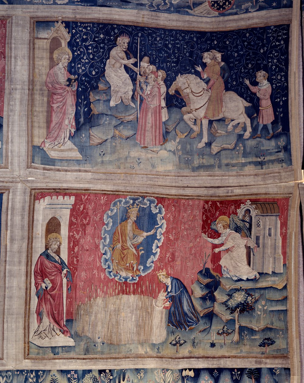 Jelenések könyve (1373-1383), n. 46: a Bét mindenkinek hozza a számát: 666. Alább, n. 53: a kiválasztottak aratása. Nicolas Bataille (1330-1405) gobelinje. alkotó: Nicolas Bataille