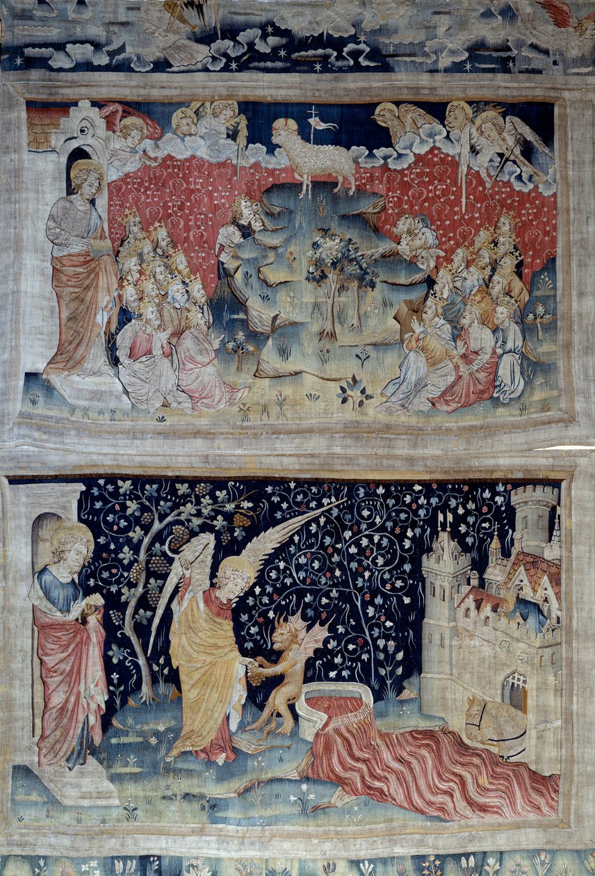 Jelenések akasztása (1373-1383), n. 47: a Bárány a Sion hegyén. Lent, n. 55, az Angyal felveszi a föld szőlőjét, amely Isten haragjának nagy kádjába ömlött, a kád túlcsordul és a vér megtérül. Nicolas Bataille (1330-1405) gobelinje alkotó: Nicolas Bataille