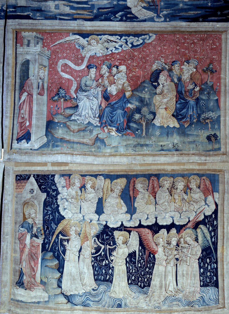 Jelenések akasztása (1373-1383), n. 49: az első angyal győzelmet hirdet. Lent, n. 56, a hét angyal viszi Isten haragjának hét palackját. Nicolas Bataille (1330-1405) kárpitja alkotó: Nicolas Bataille