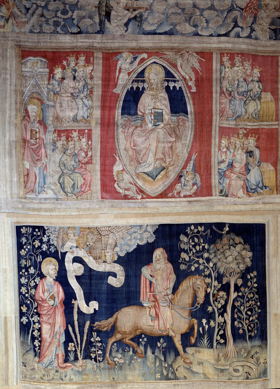 Jelenések akasztása (1373-1383), n. 4: Krisztus fenséges ábrázolása (Jézus Krisztus a dicsőségben egy mandorlában van ábrázolva) vagy tetramorf. N. 9: A vörös ló és a háború. Nicolas Bataille (1330-1405) kárpitja alkotó: Nicolas Bataille