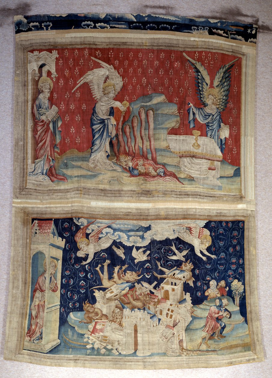 Jelenések akasztása (1373-1383), n. 59: a második és a harmadik palack ömlik a tengerre és a vizekre. Lent, n. 66, Babilont megszállják a démonok. Nicolas Bataille (1330-1405) kárpitja alkotó: Nicolas Bataille