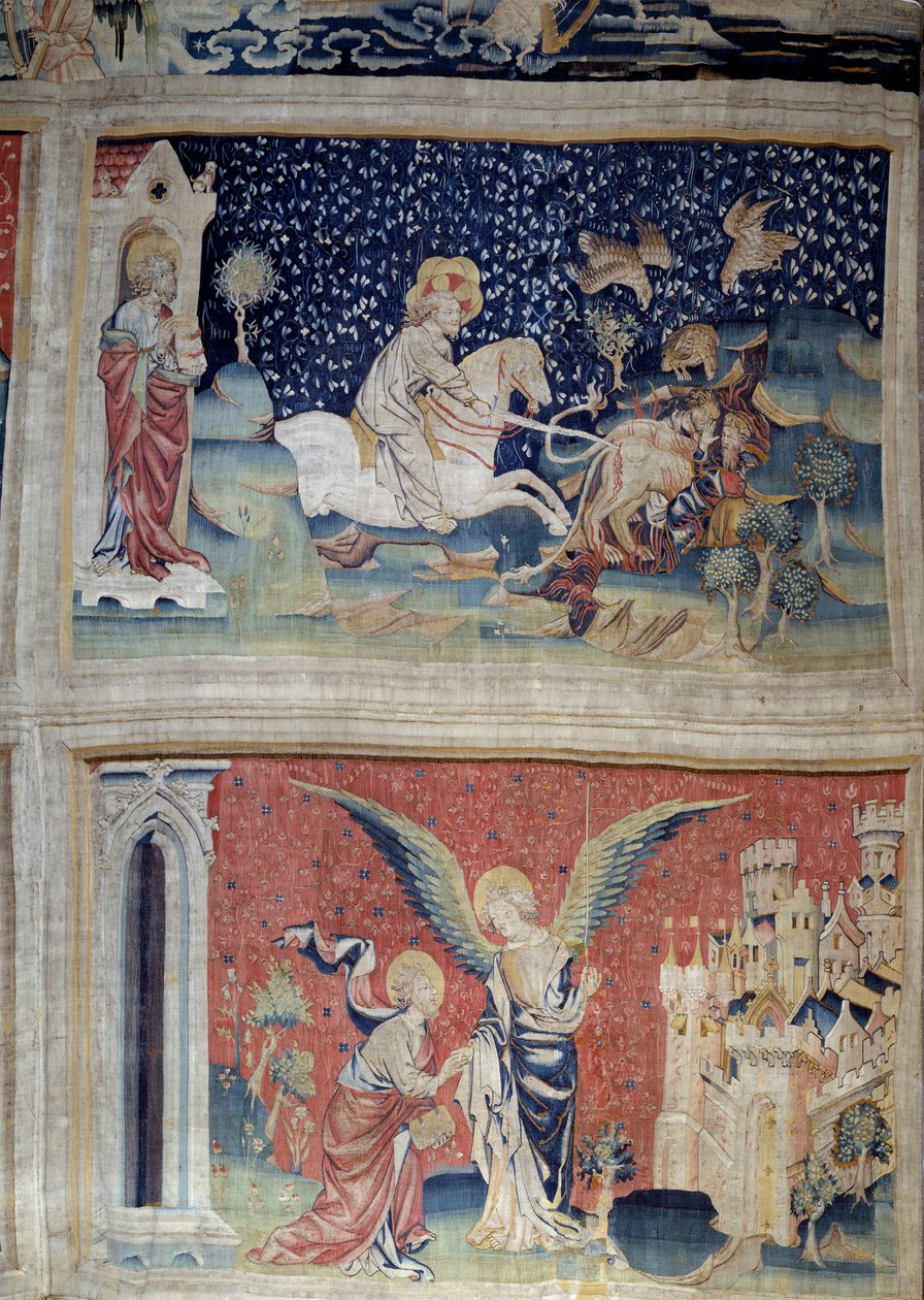 Jelenések akasztása (1373-1383), n. 70: Isten Igéje betölti a répát. 74. sz.: Szent János az angyal előtt és Jeruzsálem Új. Nicolas Bataille (1330-1405) kárpitja alkotó: Nicolas Bataille