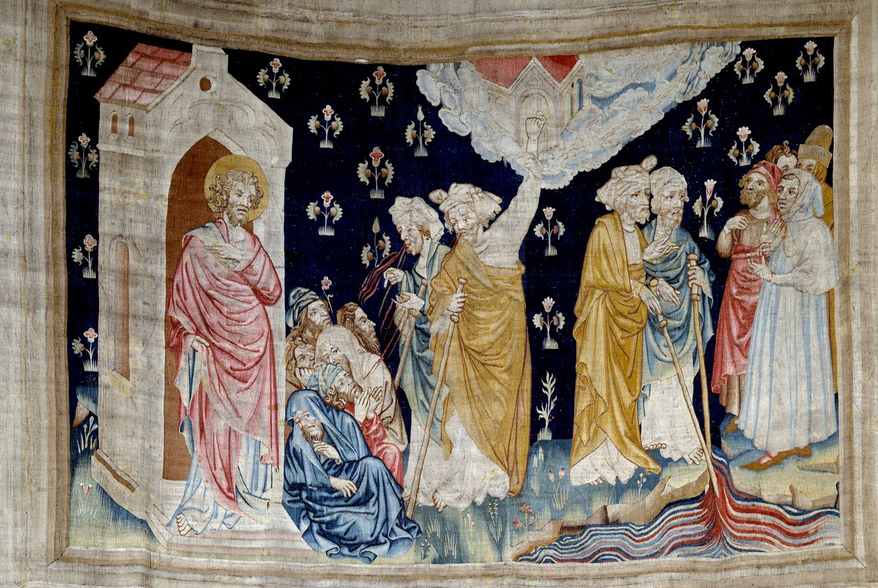 Jelenések akasztása (1373-1383), n. 28: a csoda. Fideles Isten szolgái és prófétái nézik a vérré változott folyót. Nicolas Bataille (1330-1405) kárpitja alkotó: Nicolas Bataille