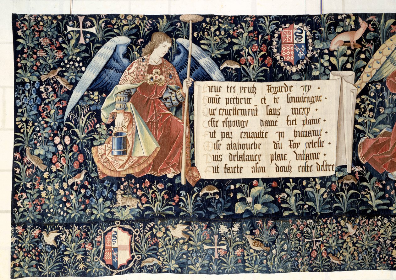 A Jelenések akasztása (1373-1383), a szenvedés eszközeit hordozó angyalok. Nicolas Bataille (1330-1405) kárpitja alkotó: Nicolas Bataille