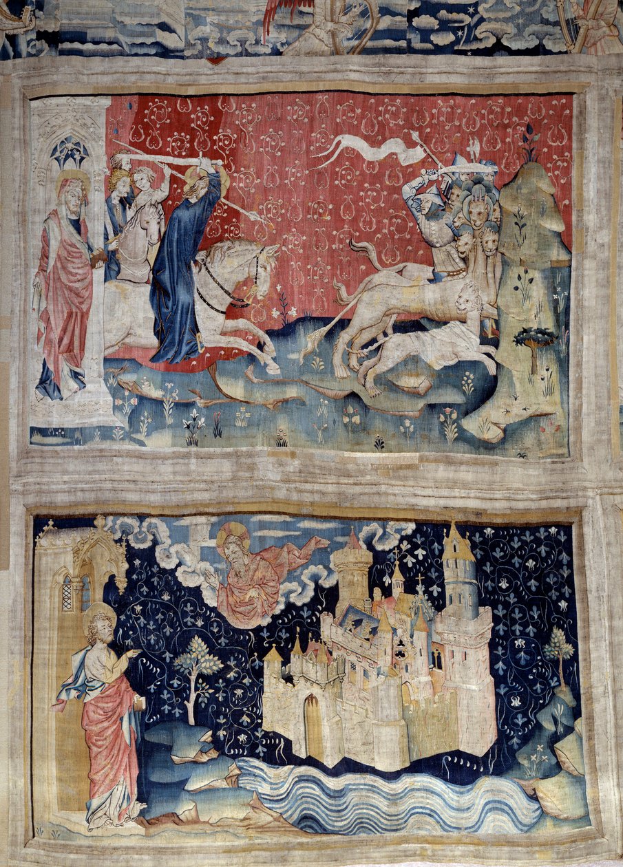 A kinyilatkoztatás akasztása (1373-1383), 69. sz. n.: Isten igéje terheli a Betéteket. N. 73: a Szent Város vagy Új Jeruzsálem. Nicolas Bataille (1330-1405) gobelinje. alkotó: Nicolas Bataille