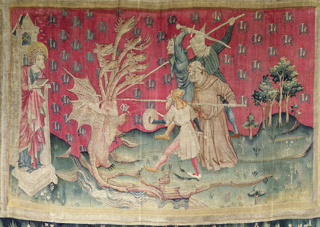 A sárkányharc Isten szolgáival, sz. 39. a "Haragok Apokalipsziséből", 1373-87 (szőttes) alkotó: Nicolas Bataille