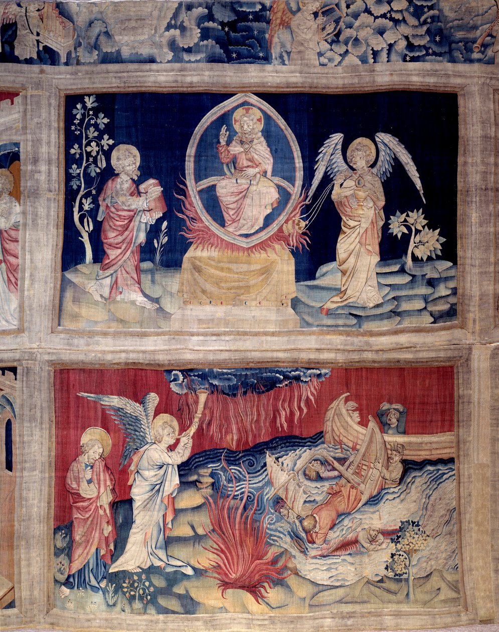 A Jelenések függönye (1373 -1383), sz. 15 és 18: Isten és Szent János sír, amikor látják a katasztrófát. Nicolas Bataille (1330-1405) kárpitja alkotó: Nicolas Bataille