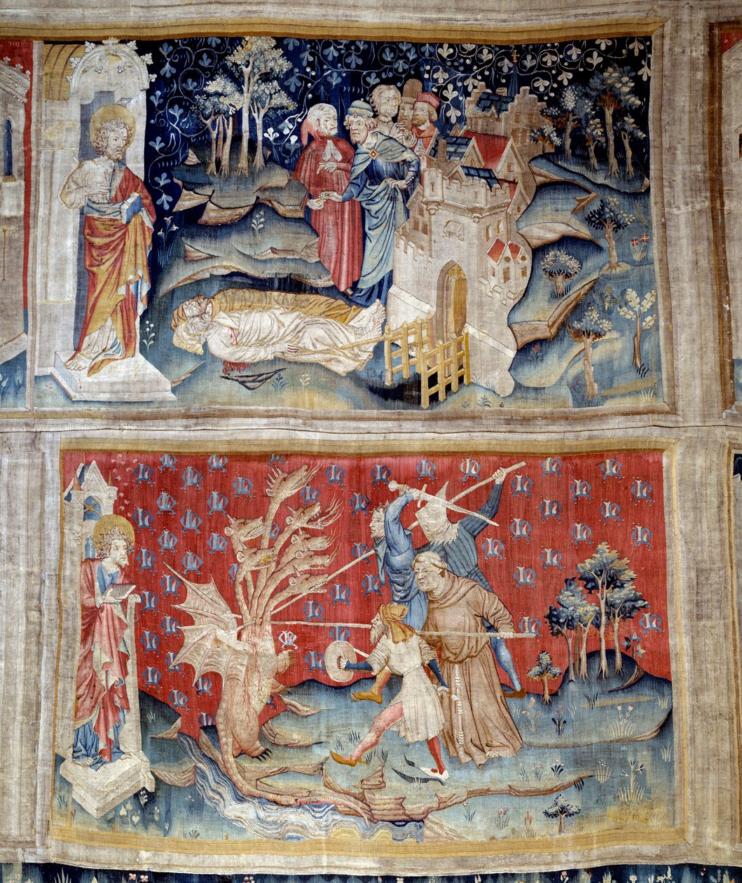 Az Apokalipszis függönye: a holttestek a földön hevernek, a sárkány harcol Isten szerzetes és laikus által megtestesült szolgái ellen. 1373-1383. készítette: Nicolas Bataille (1330-1405) Angers, gobelinmúzeum alkotó: Nicolas Bataille