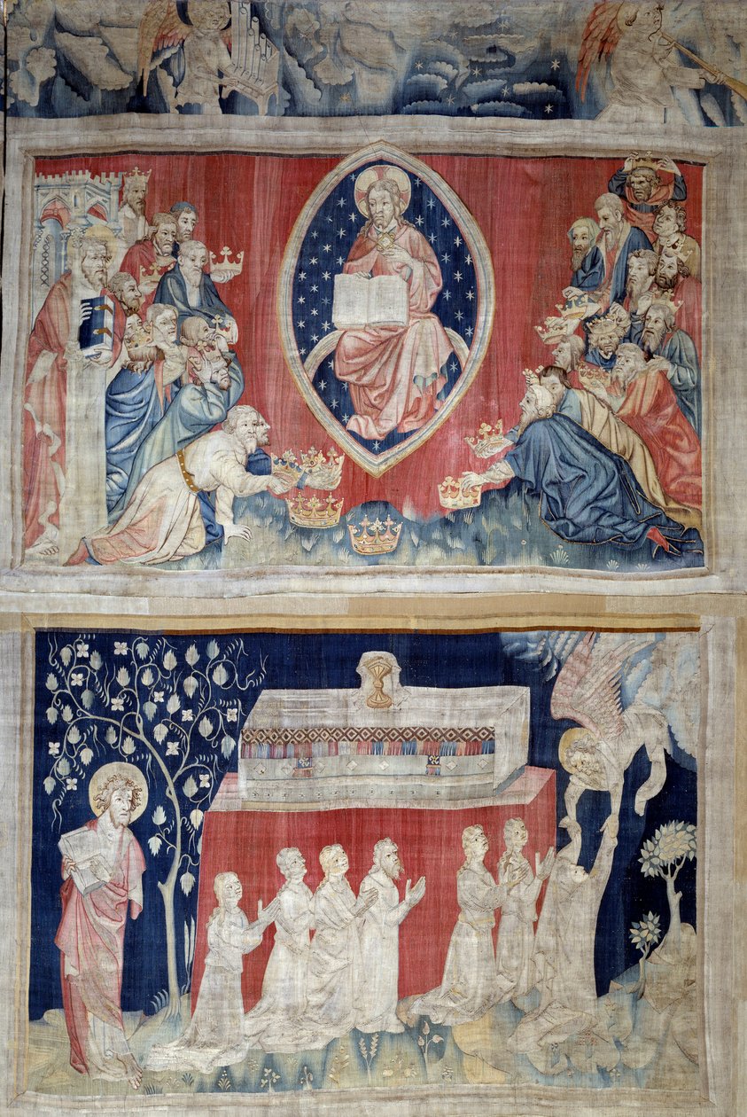A Jelenések függönye (1373-1383), n. 5: az idősek fenségesen leborulnak Krisztus előtt (a dicsőségben lévő Jézus Krisztust egy mandorlában ábrázolják). N. 11: a mártírok lelkei. Nicolas Bataille (1330-1405) kárpitja alkotó: Nicolas Bataille