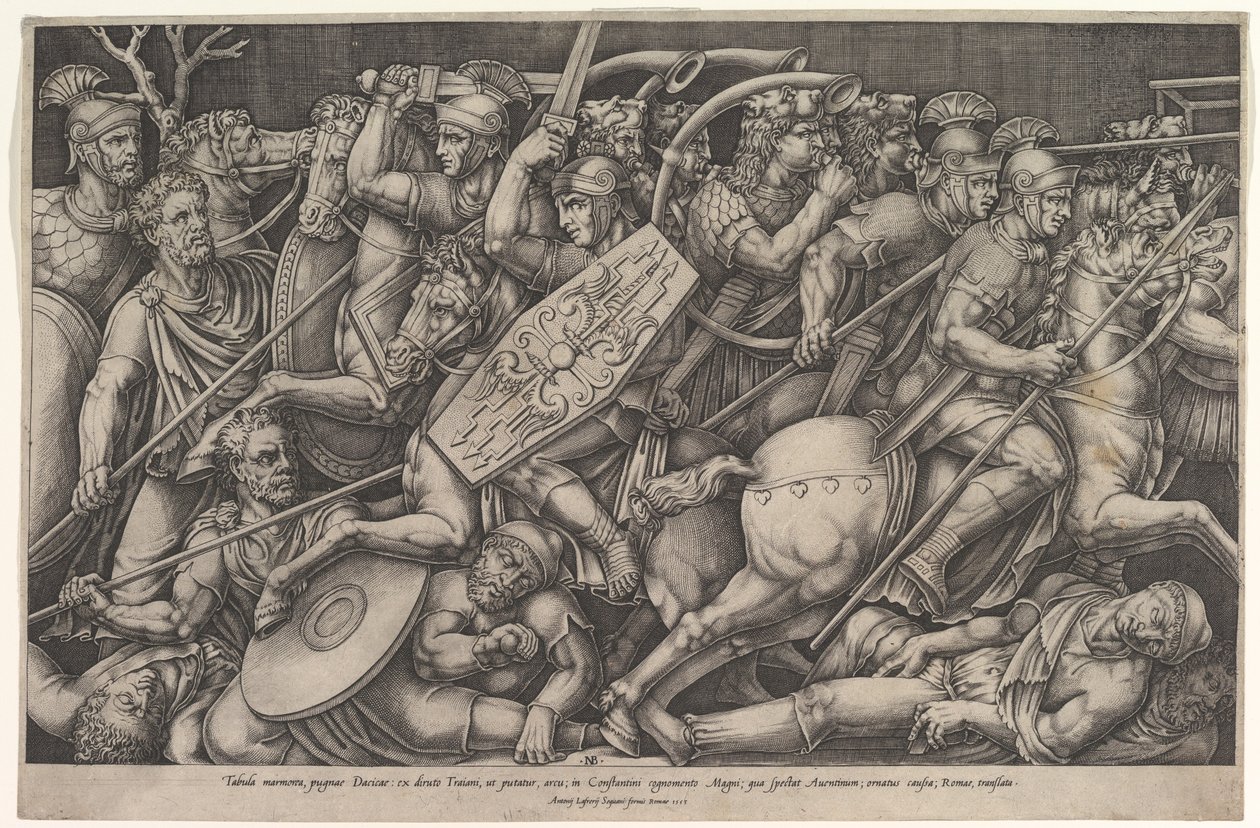 Római katonák harcoló dákok ellen, csatajelenet sekély mélységben lovakkal és hor..., 1553. alkotó: Nicolas Beatrizet