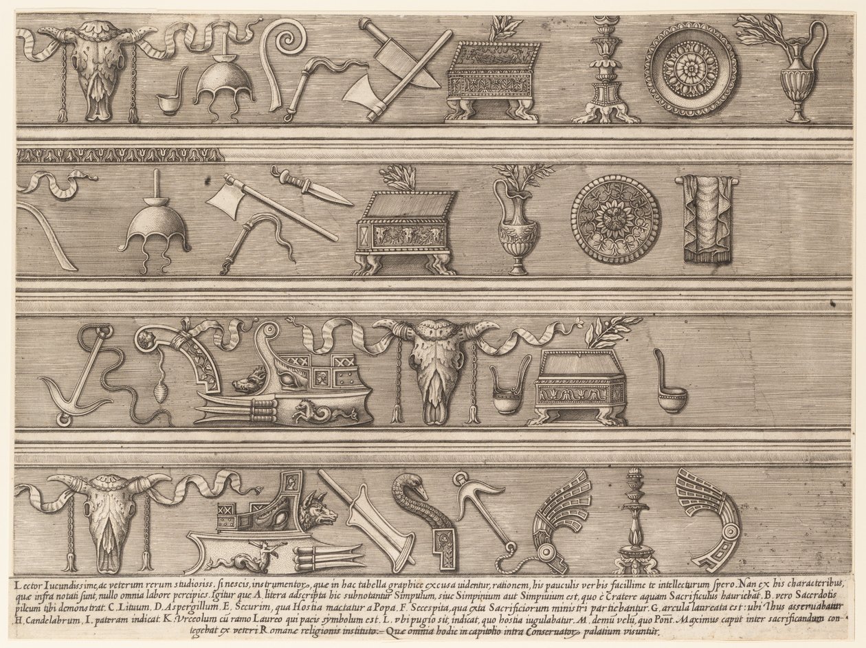 Római nagyszerűség tükre: Áldozati eszközök az ókori domborművek alapján..., kb. 1550-75. alkotó: Nicolas Beatrizet.
