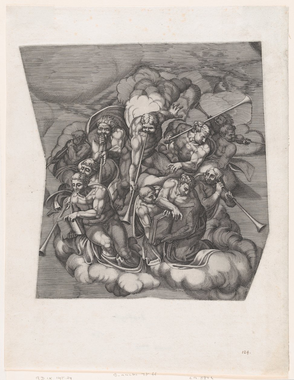 Trombitáló angyalok az utolsó ítéletből, Michelangelo után, 1530-66., 1530-66. alkotó: Nicolas Beatrizet