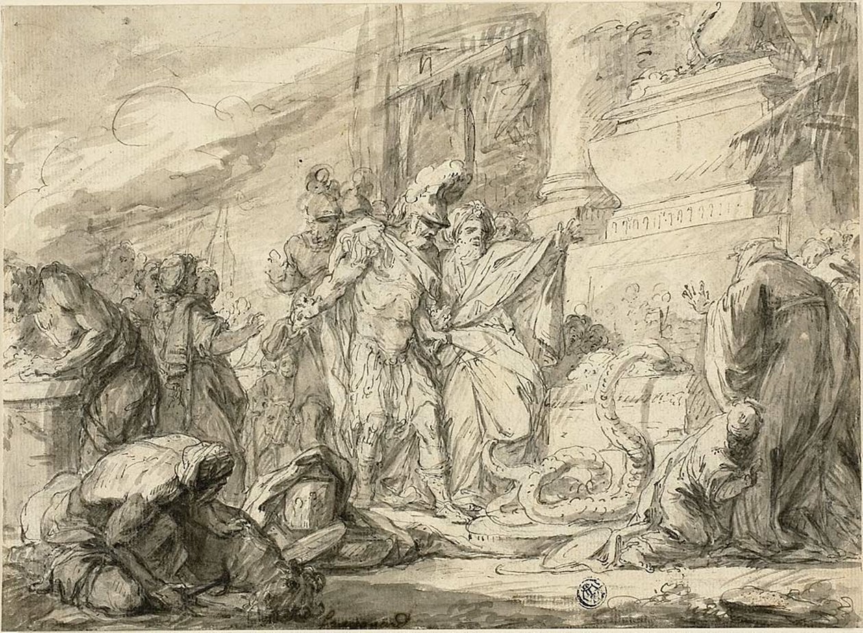 Aeneas Anchises sírjánál (jobbra); Aeneas az Anchises-tónál (vers) alkotó: Nicolas Bernard Lepicie