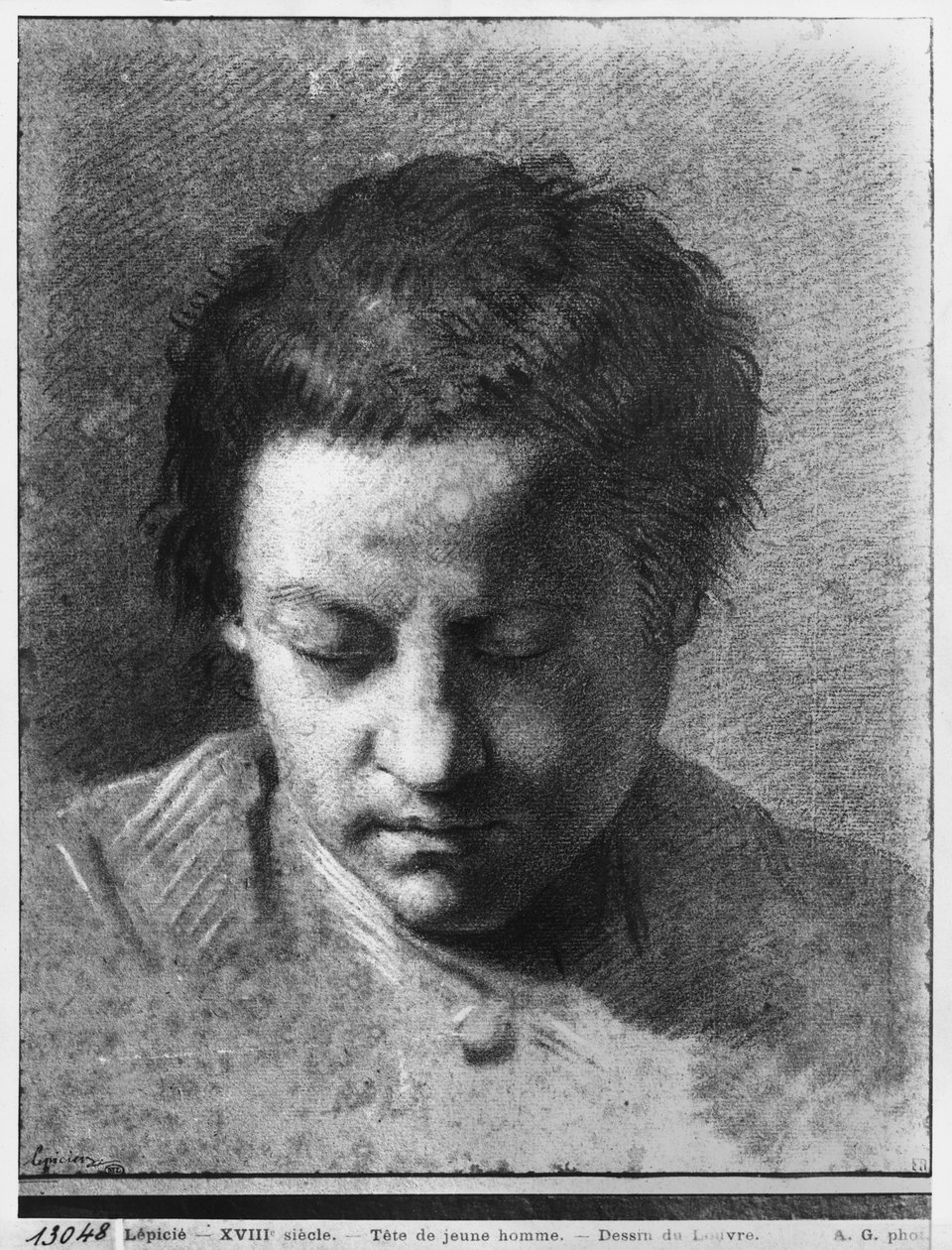 Egy fiatal férfi feje lenéz (pierre noire és fehér kiemelések szürke papíron) alkotó: Nicolas Bernard Lepicie