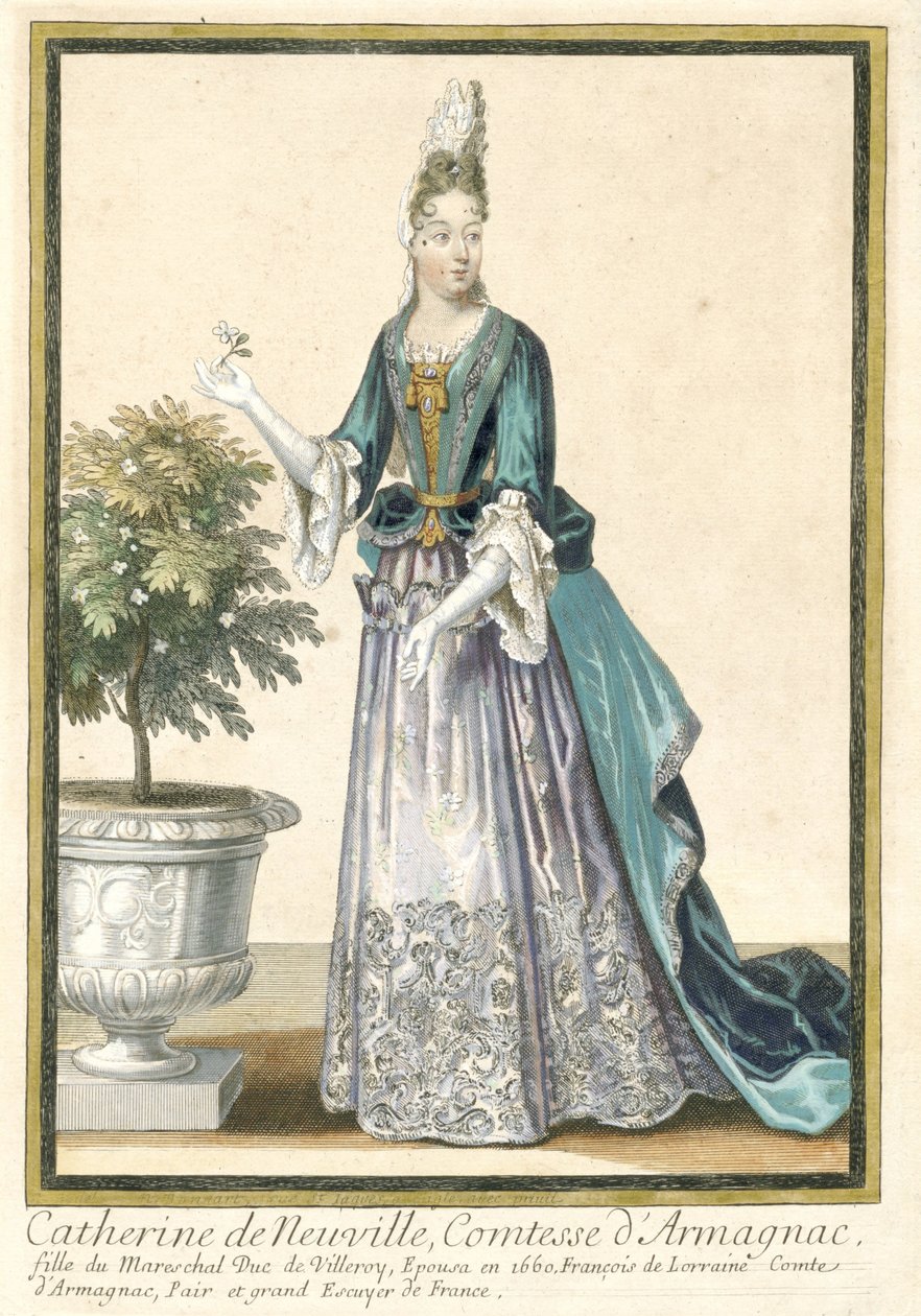 A francia divatot terjesztő francia nyomatok: Catherine de Neuville, Armagnac grófnő portréja Catherine de Neuville, Armagnac grófnője, francia divat szerint öltözve kb. 1685 alkotó: Nicolas Bonnart (fils)