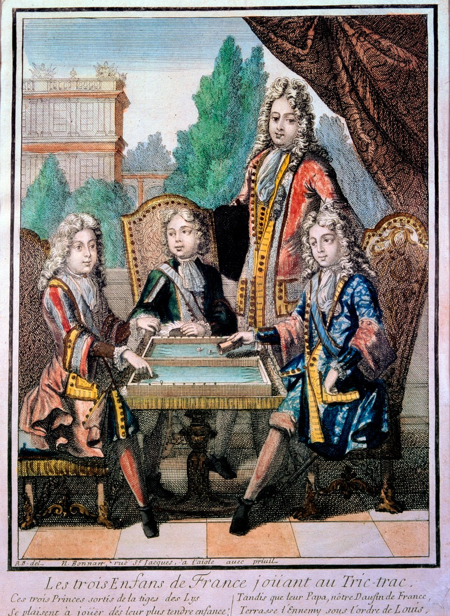 XIV. Lajos (1638-1715), Lajos burgundiai herceg († 1712), Philippe, Anjou hercege (1683-1746) és Károly Berry herceg unokái apjukkal, Lajossal († 1711) delfinnel Franciaország, tric trac-ot játszik (Trictrac vagy Trictrac: a backga őse alkotó: Nicolas Bonnart