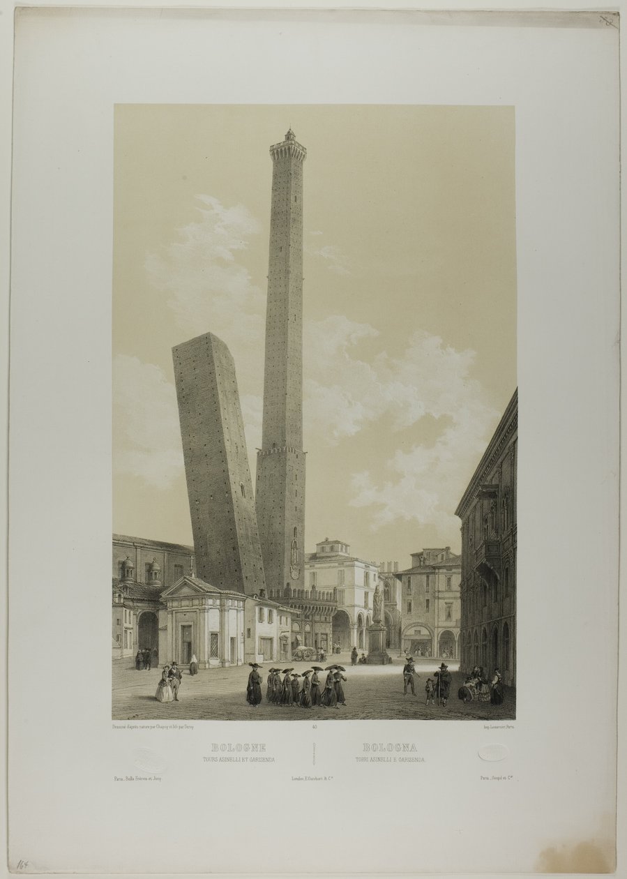 Bologna: Az Asinelli- és Garisenda-tornyok, 40. tábla az Italie Monumentale et Pittoresque-ból alkotó: Nicolas Chapuy