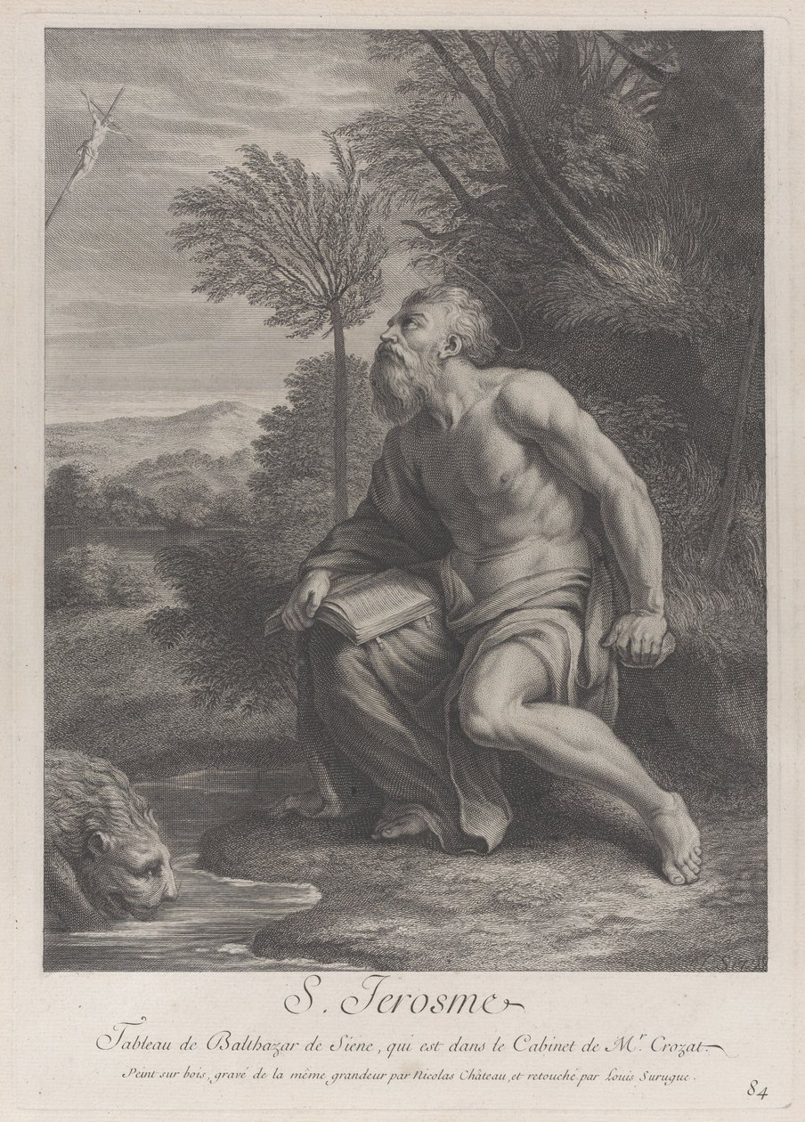 Szent Jeromos egy fa mellett ül, feszületre néz, oroszlánt iszik egy patakból..., 1728 alkotó: Nicolas Chateau