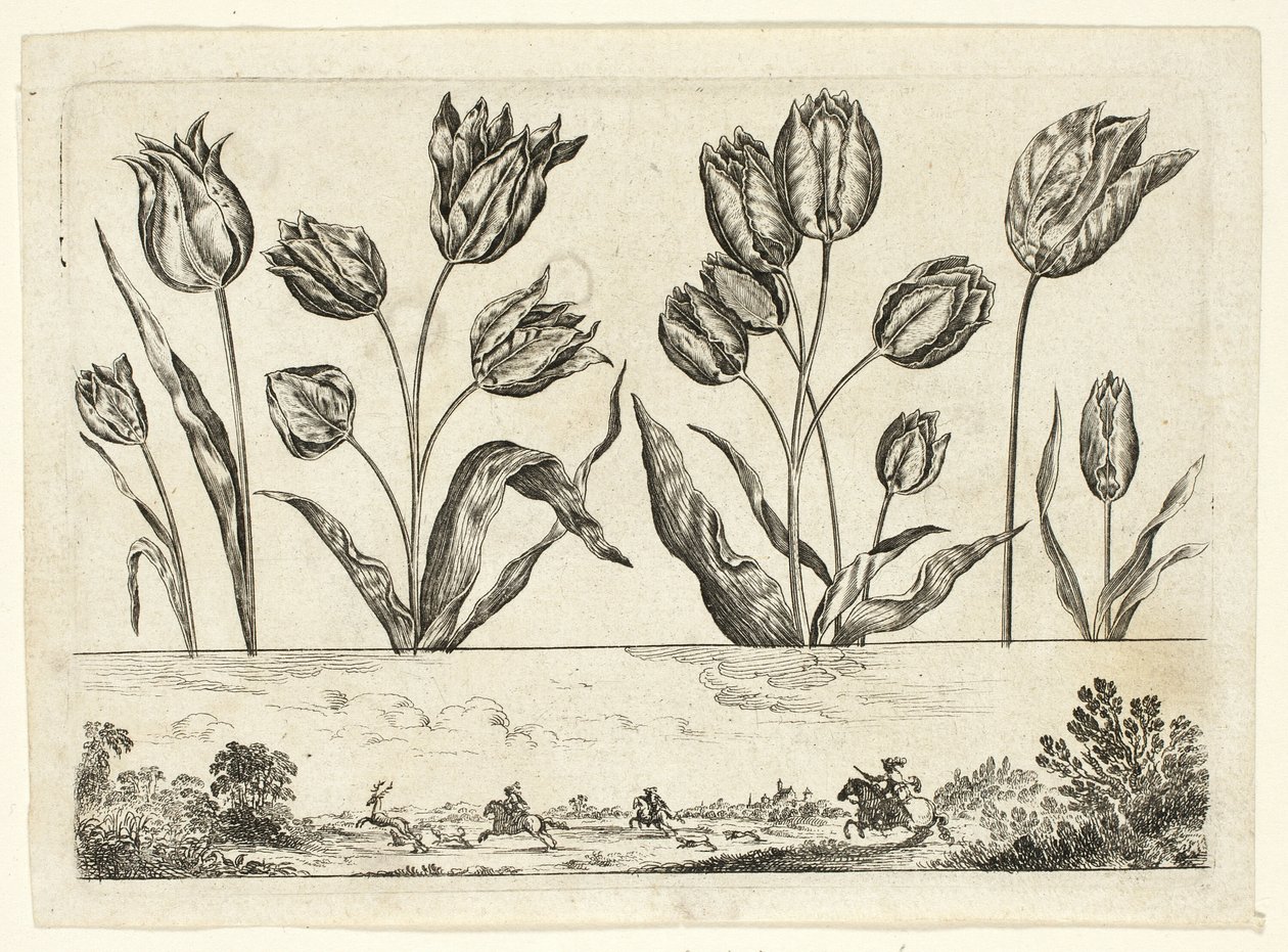 Virágok és vadászati ​​helyszín a Livre Nouveau de Fleurs-ből... alkotó: Nicolas Cochin