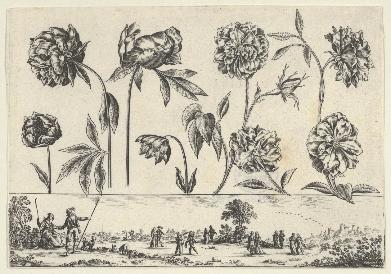 Vízszintes tábla virágsorral a fríz felett, figurákkal egy tájban, Li..., 1645. alkotó: Nicolas Cochin