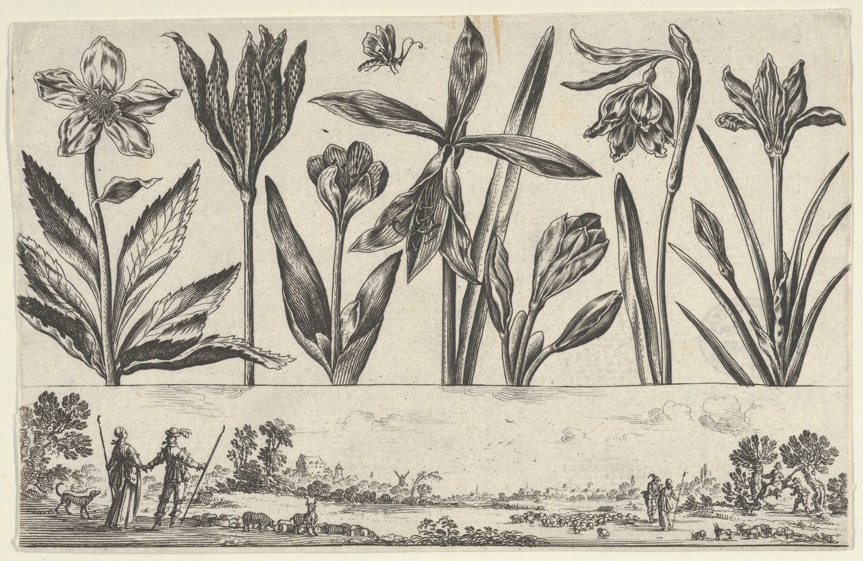Vízszintes tábla virágsorral a fríz felett, figurákkal egy tájban, Li..., 1645. alkotó: Nicolas Cochin