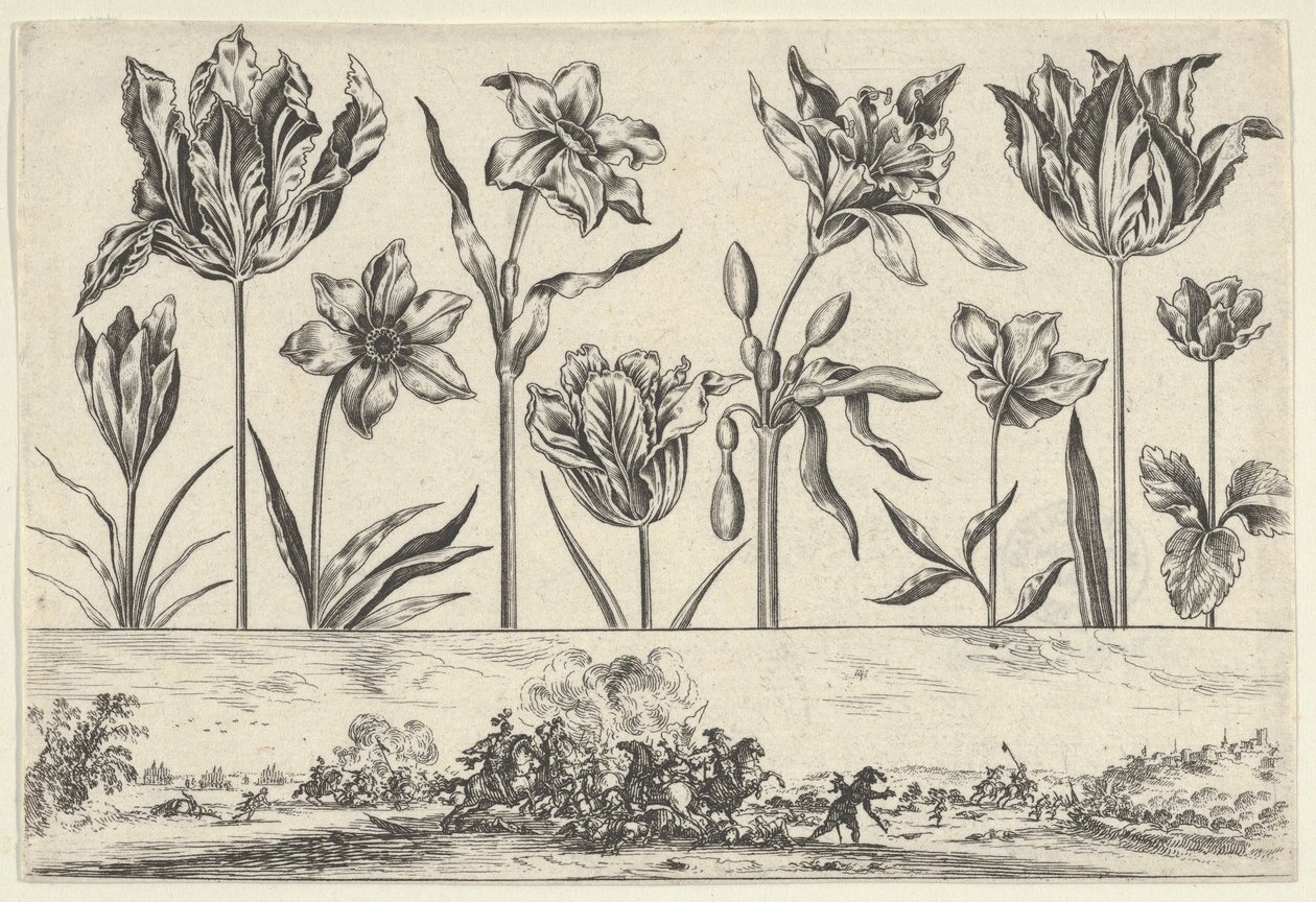 Vízszintes panel virágsorral a fríz felett, csatajelenettel a tájon, ..., 1645. alkotó: Nicolas Cochin