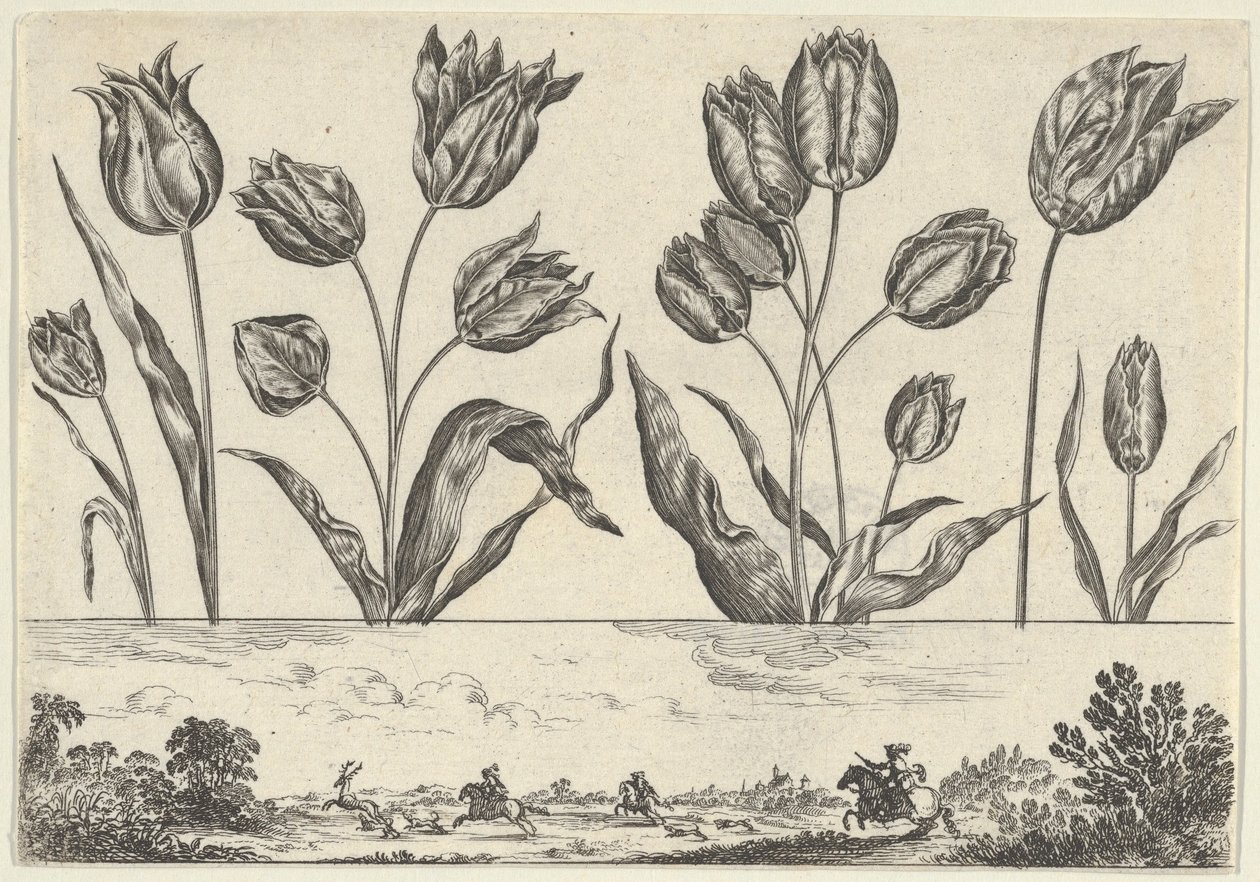 Vízszintes tábla virágsorral a fríz felett, vadászjelenettel a tájban,..., 1645. alkotó: Nicolas Cochin