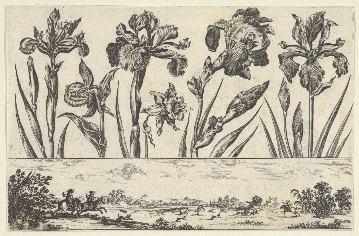 Vízszintes tábla virágsorral a fríz felett, vadászjelenettel a tájban,..., 1645. alkotó: Nicolas Cochin
