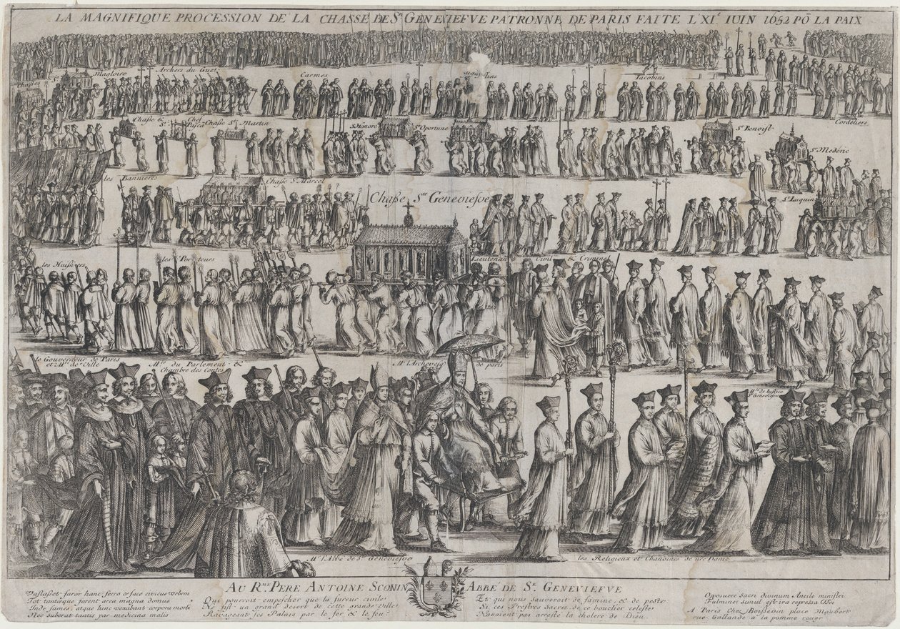 A Szent Genevieve-koporsó körmenete, klerikusok és laikusok vonulnak fel hat sorban..., 1652. alkotó: Nicolas Cochin