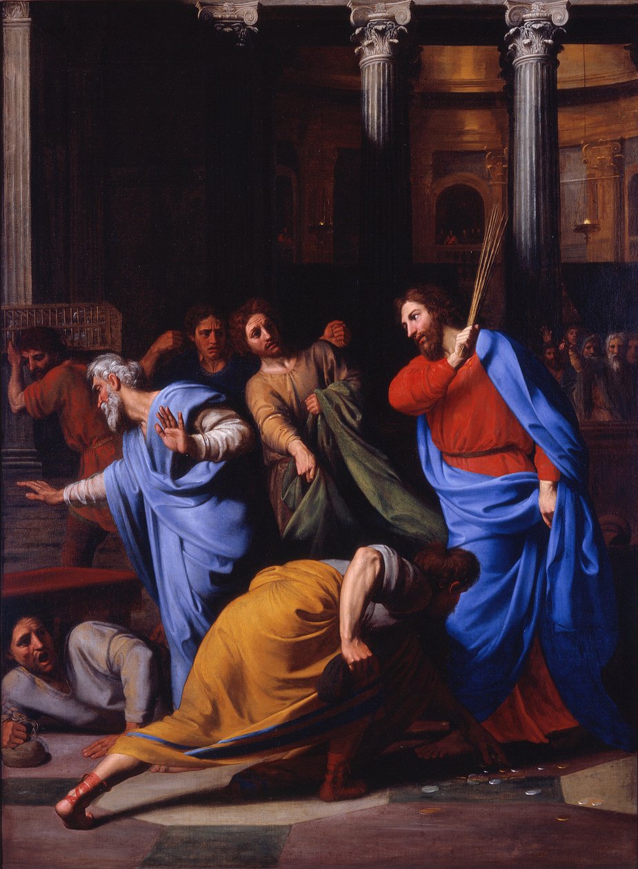 Krisztus kiűzi a pénzváltókat a templomból alkotó: Nicolas Colombel