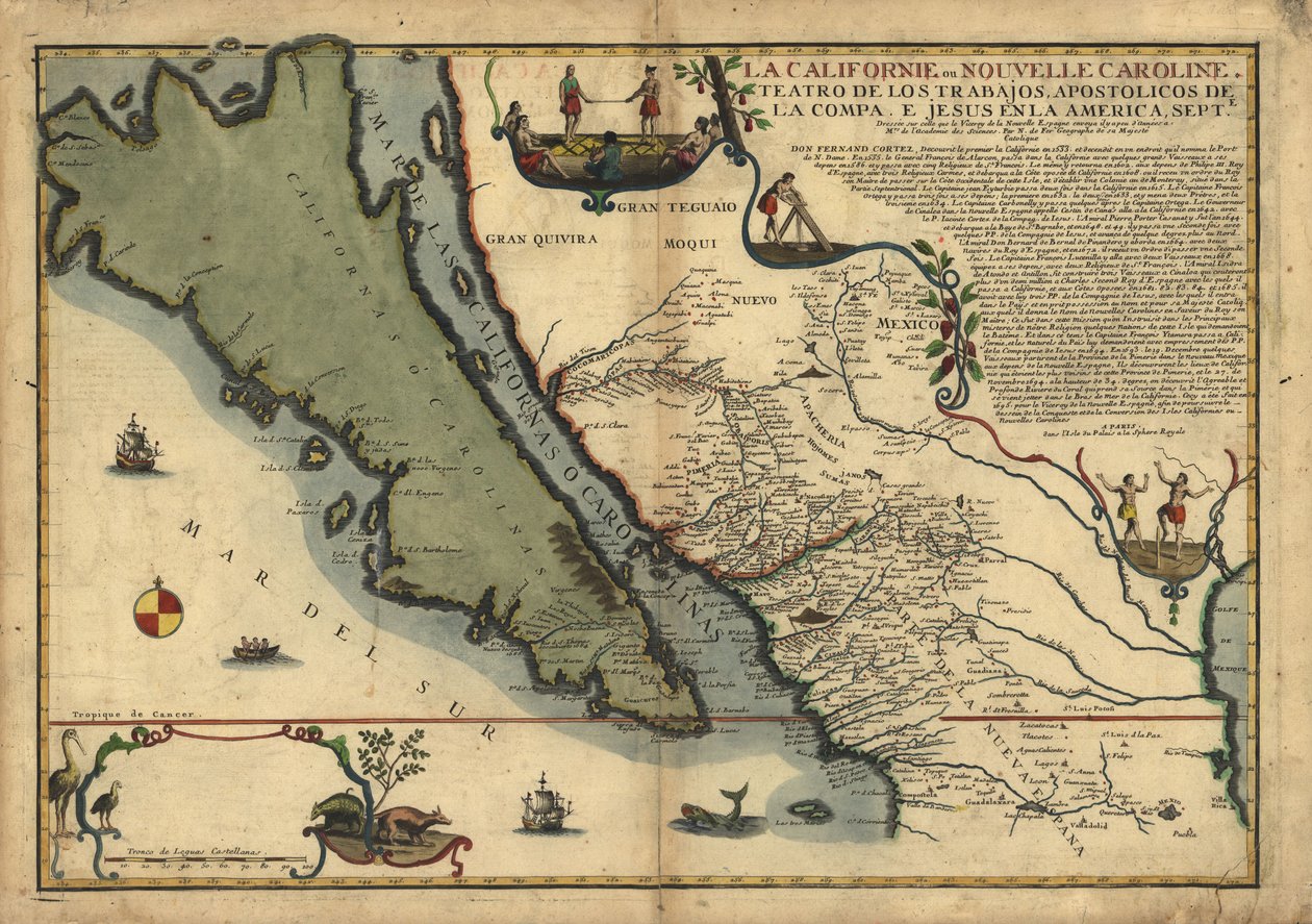 La Californie ou Nouvelle Caroline - a művek színháza, A Compa. e Jesus apostoli művei Amerikában Septe. LOC 96686640 alkotó: Nicolas de Fer