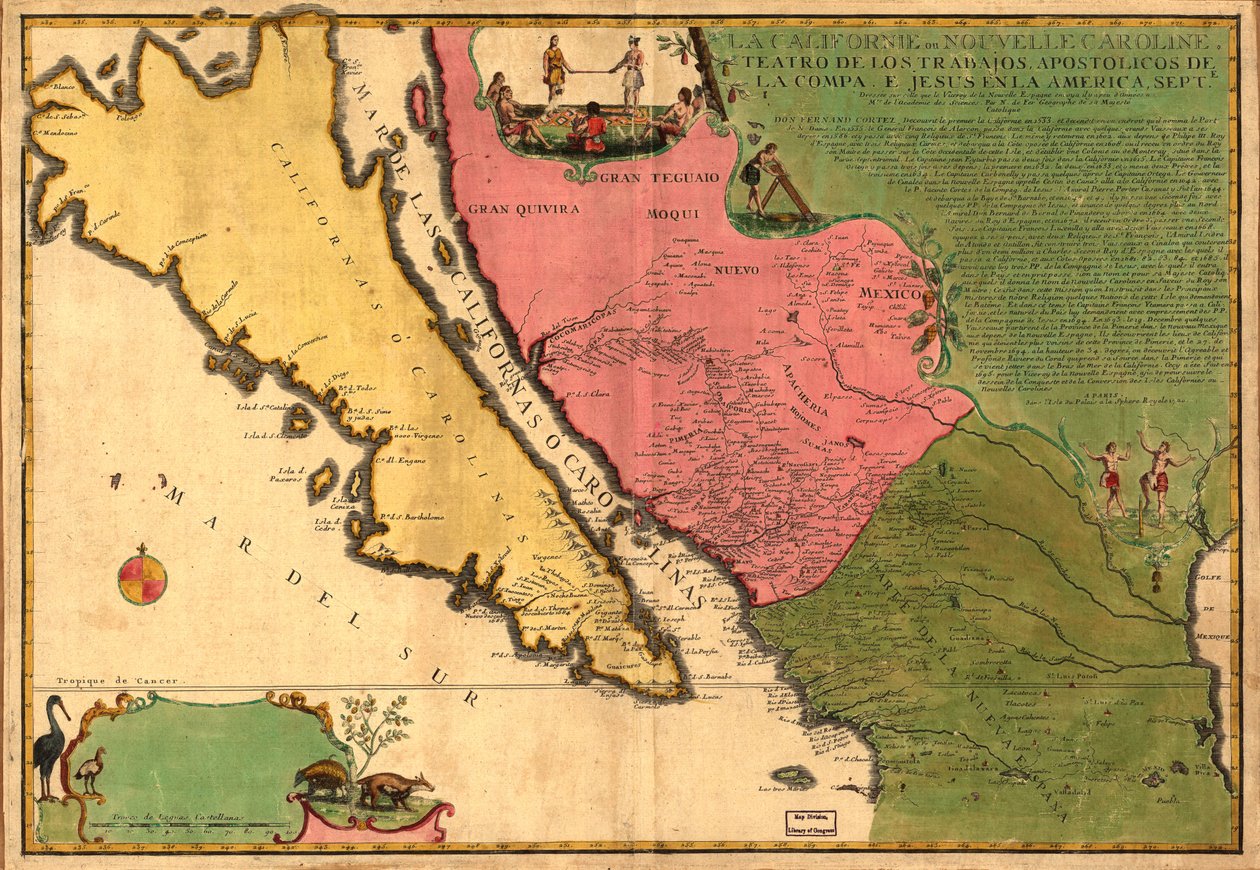 La Californie ou Nouvelle Caroline - a művek színháza, A Compa. e Jesus apostoli művei Amerikában Septe. LOC 98687119 alkotó: Nicolas de Fer
