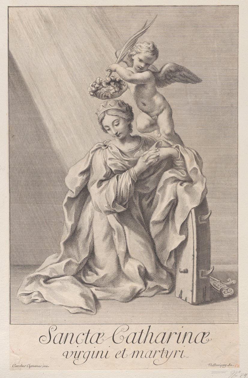 Alexandriai Szent Katalin térdel, könyökével a tüskés keréken nyugszik, és egy..., 1698. alkotó: Nicolas Dorigny