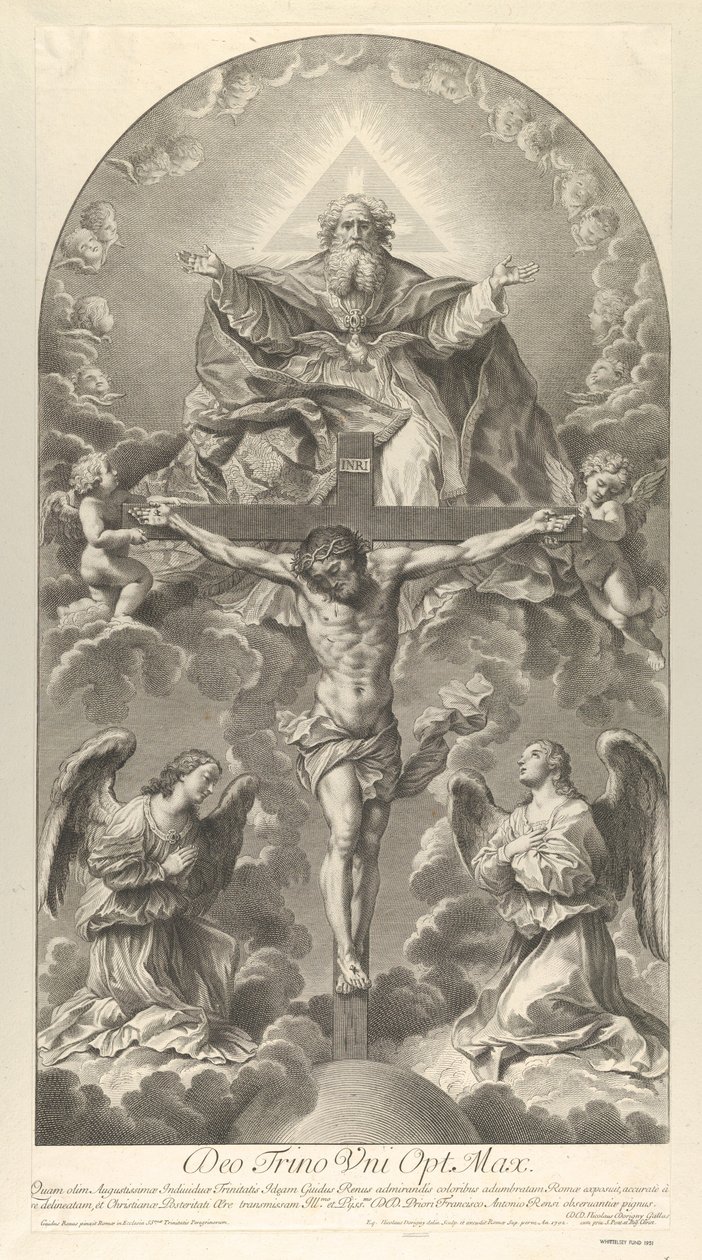 A Szentháromság, Krisztus a kereszten két angyal mellett, a Szentlélek galambként és..., 1702. alkotó: Nicolas Dorigny