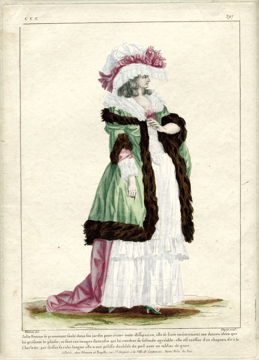 Gallerie des Modes et Costumes Francais, 1785, CCC 297: Csinos nő egyedül sétál... alkotó: Nicolas Dupin