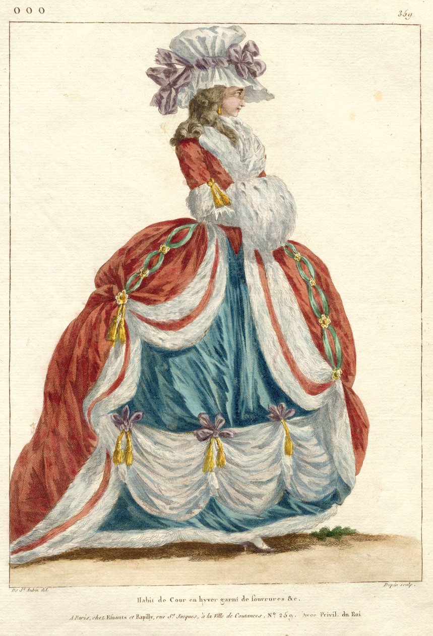 Marie Antoinette: A divat királynője: Francia Divat- és Jelmeztár Gallerie des Modes et Costumes Francais, 1787, ooo.359, Udvari ruha télen (cím a tárgyon) alkotó: Nicolas Dupin