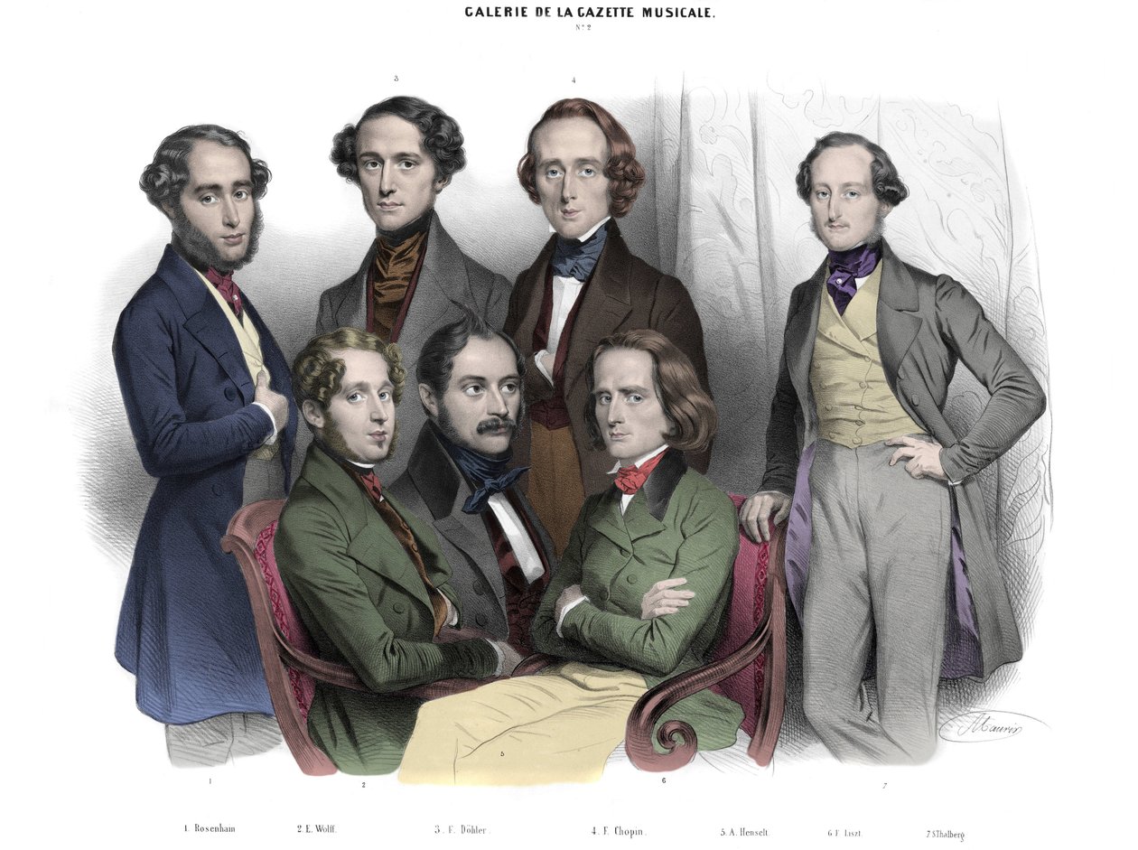 Galerie de la Gazette musicale N. 2. 1842 hírességei: Frederic Chopin (1810-1849) Liszt Ferenc (1811-1886), Jacob (Jakob, Jacques) Rosenhain, Edouard Wolff, Sigismund Thalberg, Adolf von Henselt, Theodor Dohler (1814-1856). Nicolas metszete alkotó: Nicolas Eustache Maurin