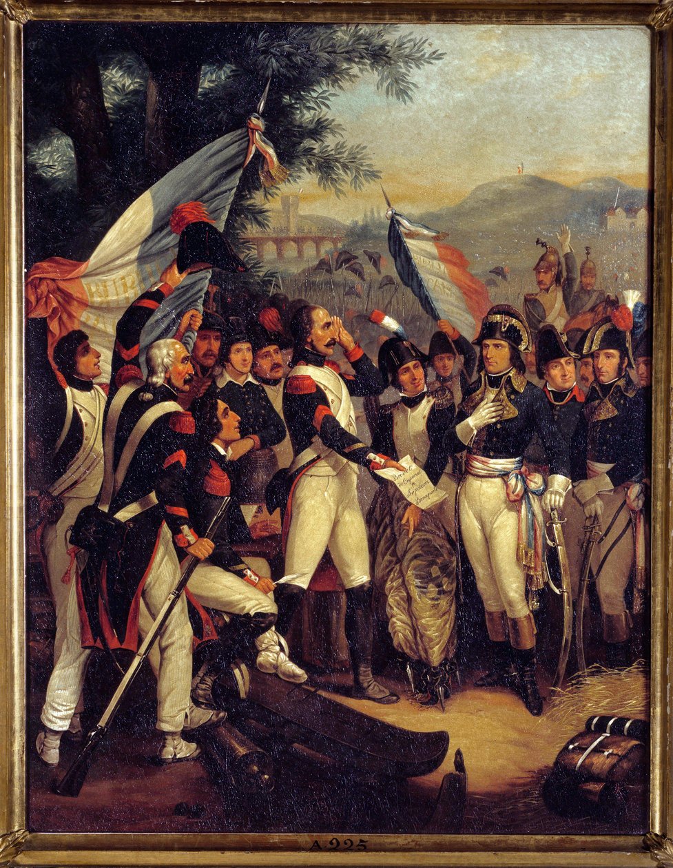 Lodi tizedes bizonyítványa 1796.05.10. Bonaparte Napóleon (1769-1821) tizedes bizonyítványt kapott. Nicolas Eustache Morin (1799-1850) festménye 1799 V. 0,42x0,33 m Ile d