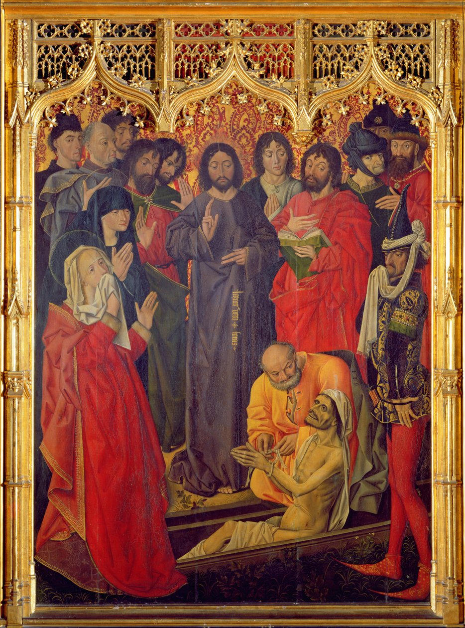 Lázár feltámadása Triptichon, a koporsójából felemelkedő Lázár központi tablója, 1461 alkotó: Nicolas Froment