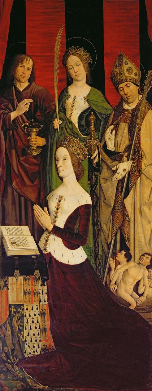 Mózes és az égő bokor triptichonja, jobb oldali tábla, amely Jeanne de Lavalt (†1498) ábrázolja Szent Jánossal, Szent Katalinnal és Szent Miklóssal, 1476 körül (lásd még: 26542, 173010 és 232840) alkotó: Nicolas Froment