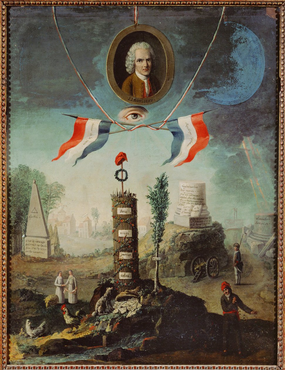 A francia forradalom allegóriája Jean-Jacques Rousseau portréjával és egy jakobinus frígiai főkötővel ... alkotó: Nicolas Henri Jeaurat de Bertry