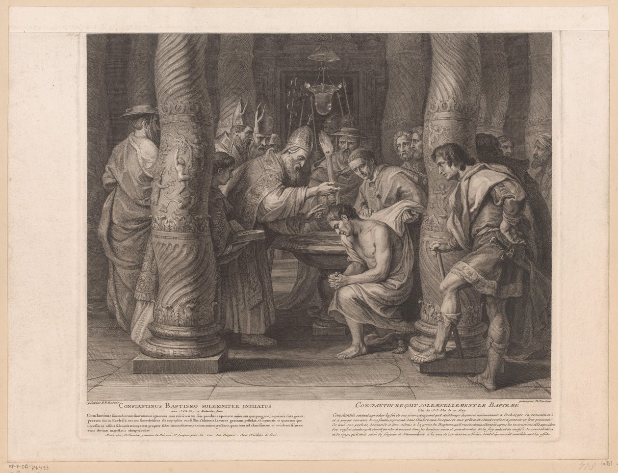 Konstantin császár megkeresztelkedése I. Silveszter pápa által Constantinus baptismo solemniter initiatus / Constantin reçoit solemnelllement le baptème (cím a tárgyon) Nagy Konstantin császár története (sorozat címe) alkotó: Nicolas Henri Tardieu