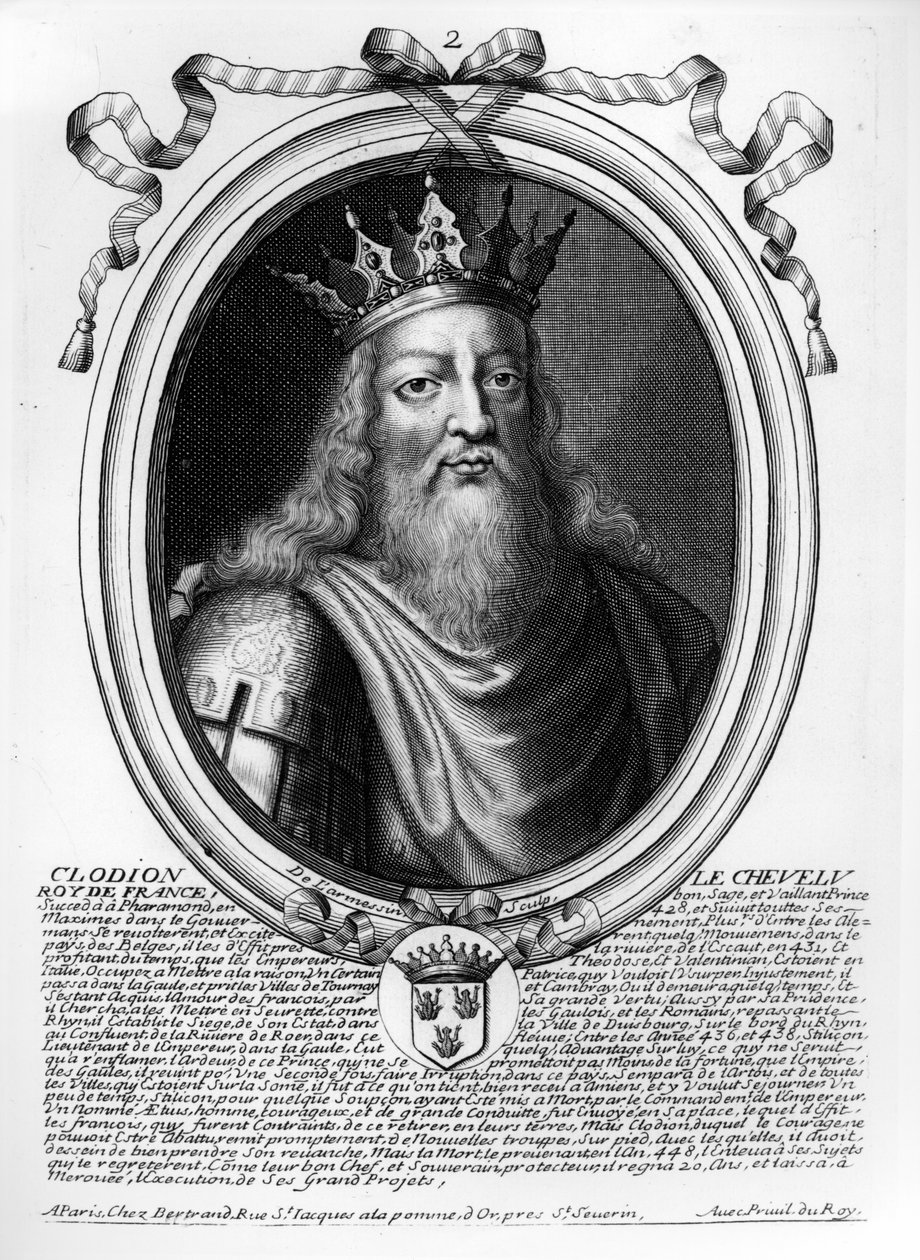 Clodion The Hairy (428-47 körül) a „Les Augustes Representations de tous les Rois de France Pharamondtól XIV. Lajosig” című művéből, Párizs, 1679 alkotó: Nicolas II de Larmessin