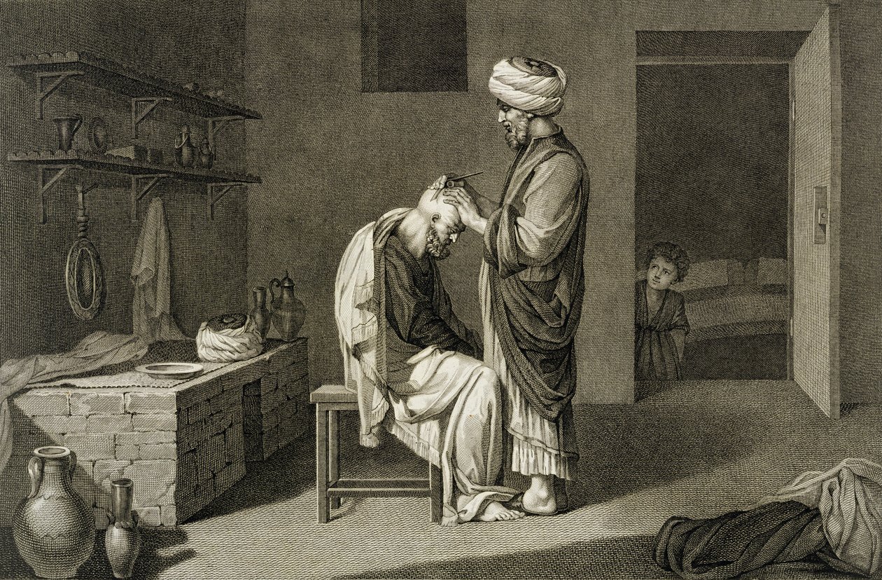 A borbély, az „Egyiptom leírása” II. kötetből, Etienne Frederic Lignon (1779-1833) pub. Napóleon parancsa alatt alkotó: Nicolas Jacques (after) Conte