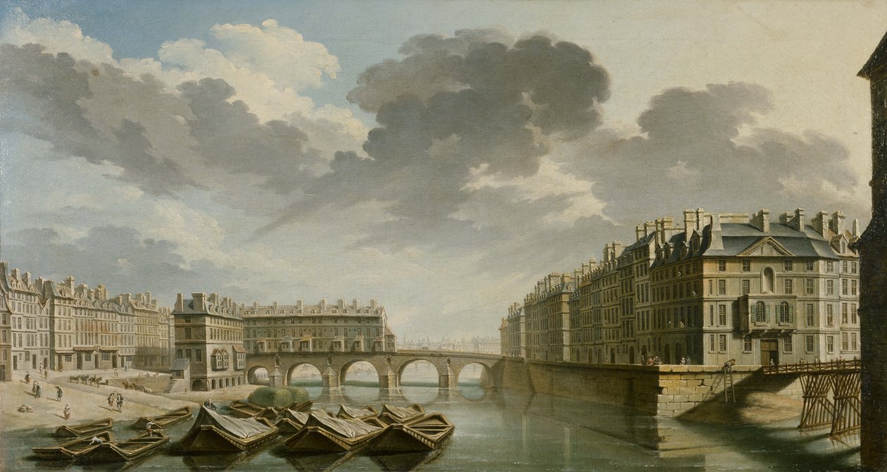 A Quai des Ormes, a Marie-híd és a Saint-Louis-sziget, 1757. alkotó: Nicolas Jean Baptiste Raguenet
