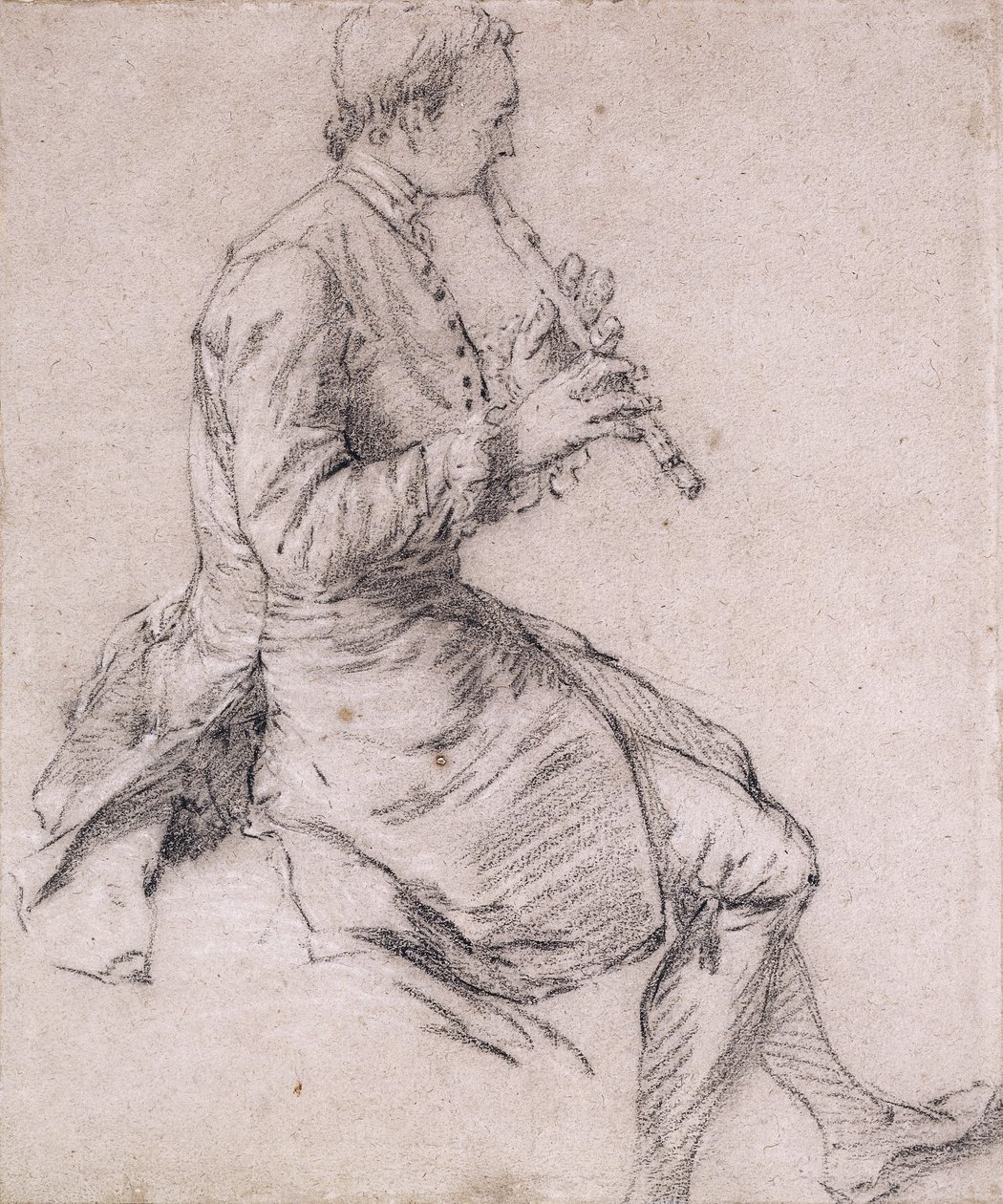 Egy ülő férfi furulyázik, a profilban jobbra, 1720 körül alkotó: Nicolas Lancret