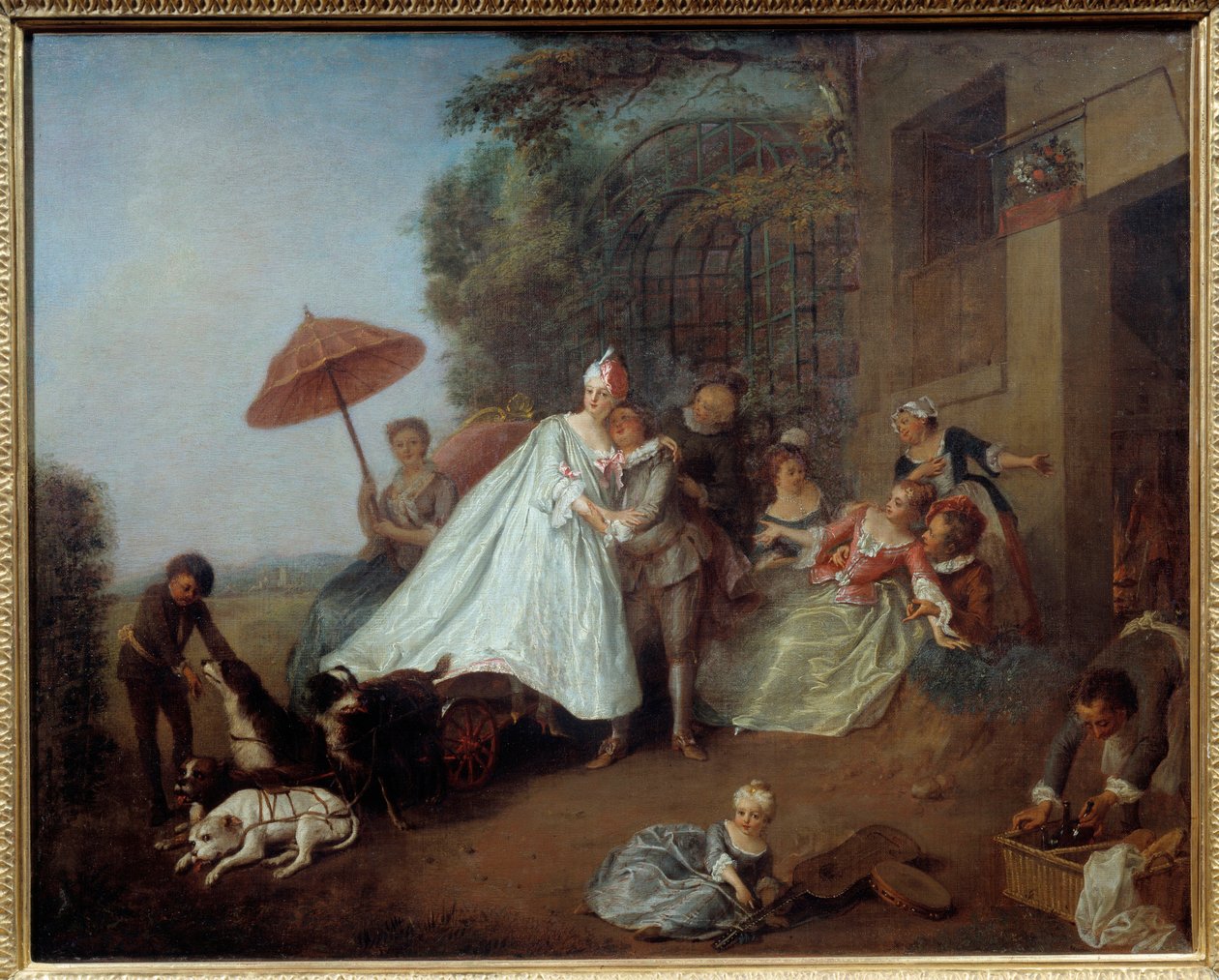 Egy hölgy érkezése egy kutyák által vontatott autóban. Nicolas Lancret (1690-1743) festménye alkotó: Nicolas Lancret